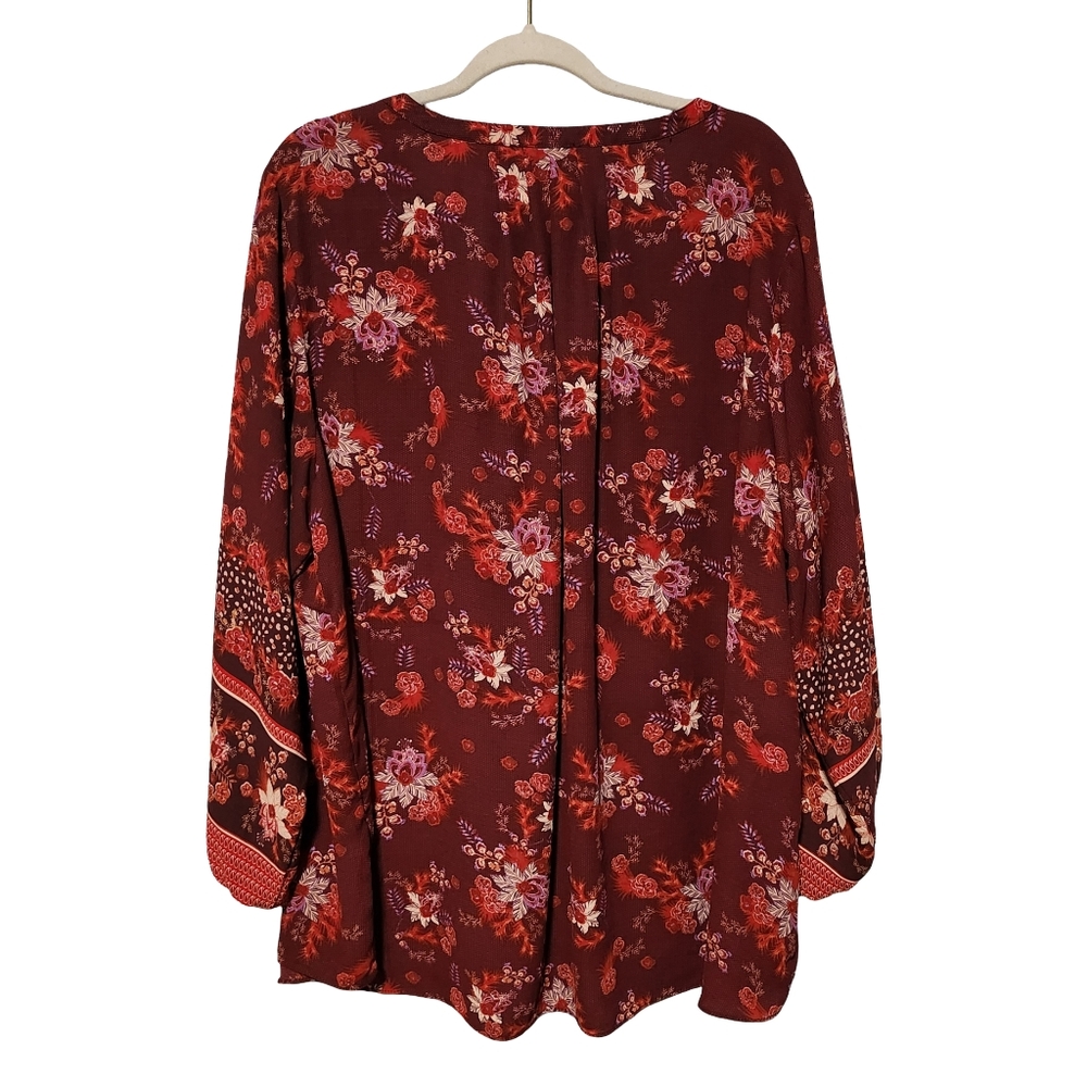 TAHARI Blouse Women's Plus Size 3X Burgundy Floral Boho Romantic Top - Picture 6 of 9